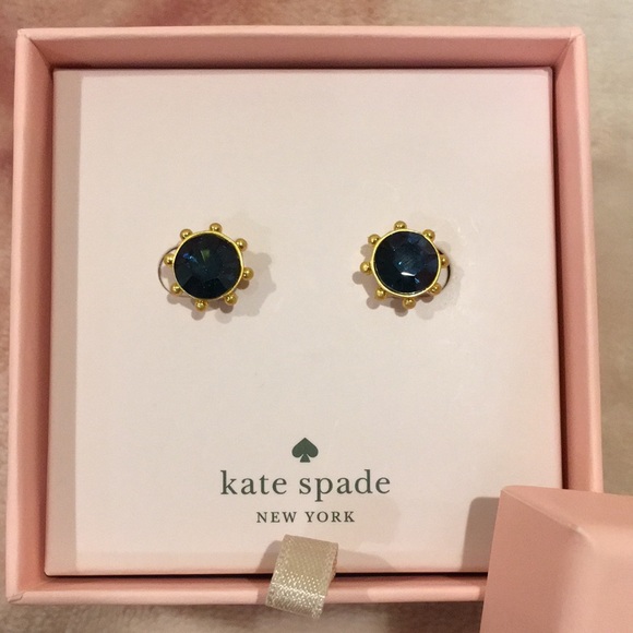 Kate Spade New York Saphire Blue Crystal Stud Pierced Earrings Brushed Gold NWT